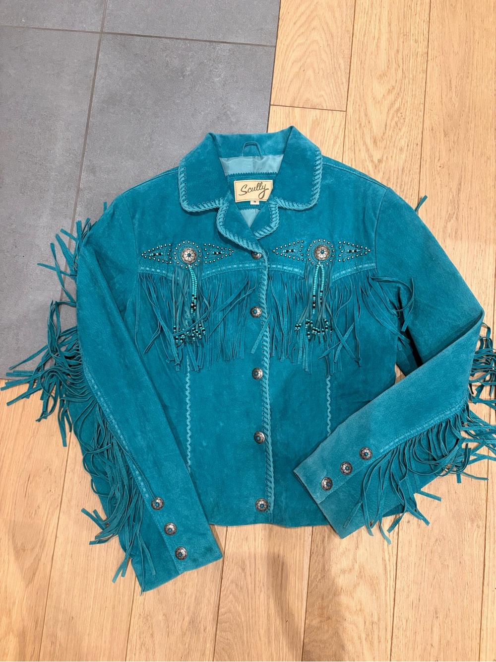 Scully Teal Suede Fringe Vintage Jacket with Stud & Bead Accents